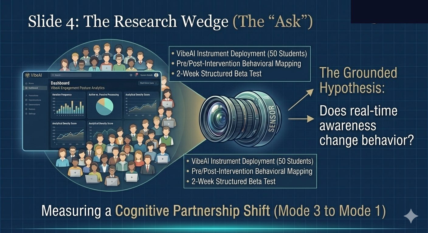 Study design: 2-week randomized pilot testing whether real-time cognitive awareness changes AI engagement behavior