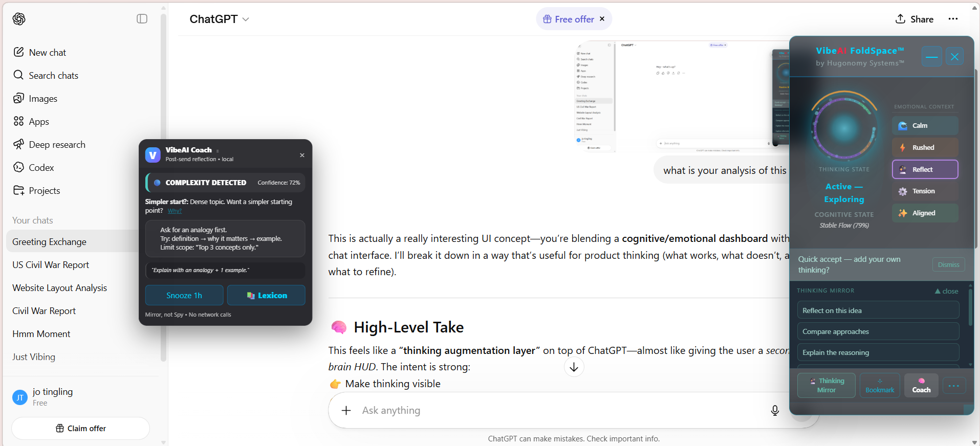 VibeAI FoldSpace Coach panel active on ChatGPT with Complexity Detector feedback