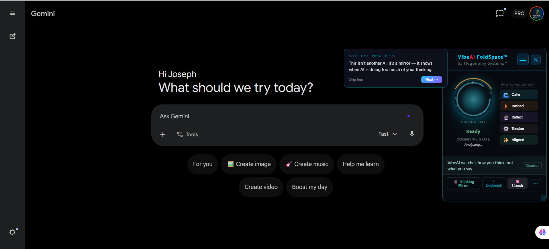 VibeAI FoldSpace HUD active on Gemini with Ready state and onboarding